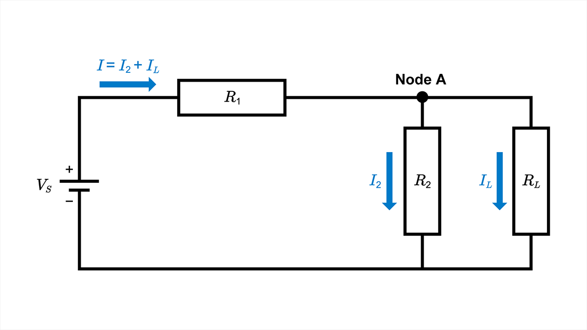 Current branches at node A, so R1 and R2 are not a simple series pair.