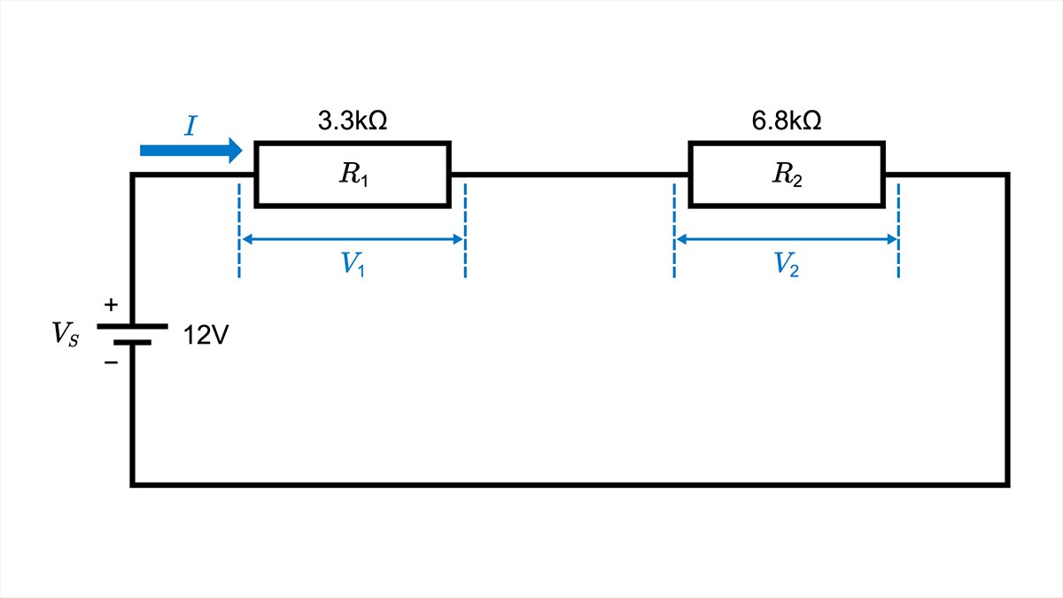 Series circuit used in the worked example: 12 V, 3.3 kΩ, and 6.8 kΩ.