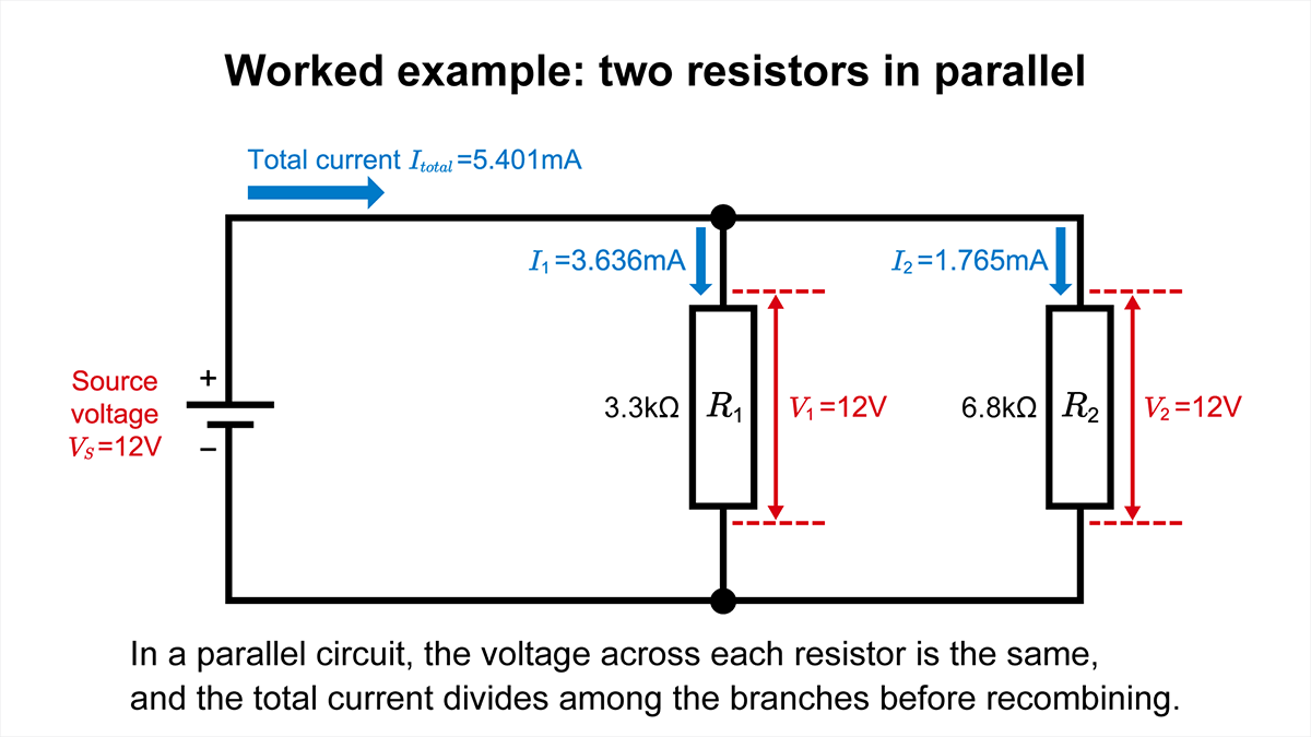 A 3.3 kΩ resistor and a 6.8 kΩ resistor connected in parallel across a 12 V source, showing branch current and total current.